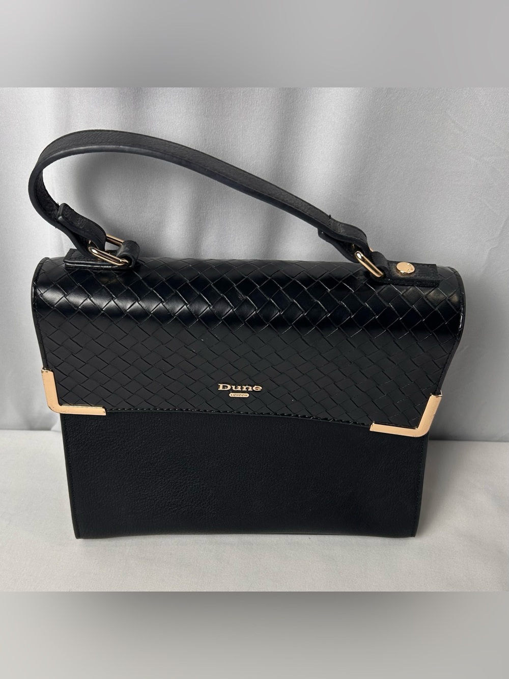 Dune Black Woven-Top Handle Satchel with Gold Accents